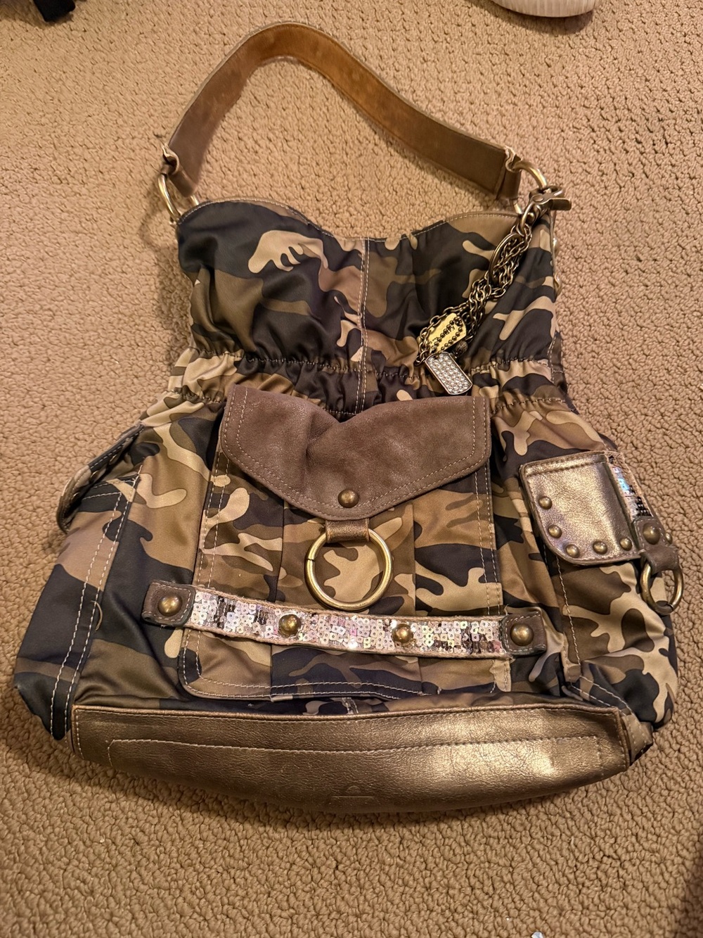 Y2K Vintage Kathy Ireland
Camouflage Shoulder Hobo Bag with Metallic Accents